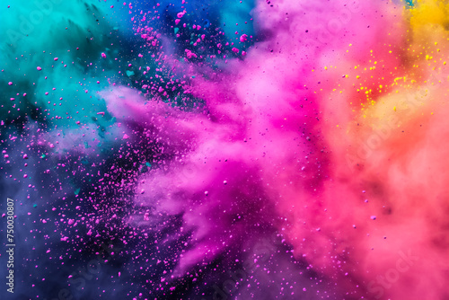 The image captures the dynamic explosion of colorful powders during the festival of Holi.