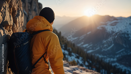 a man with a backpack is standing on top of a mountain looking at the sunset