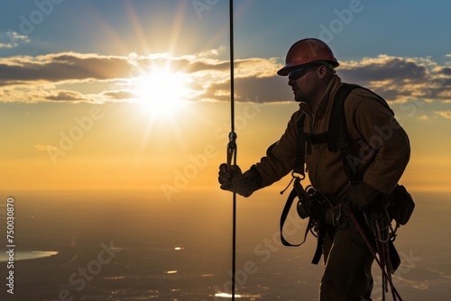Industrial rope access technician rappelling down the side of a skyscraper at sunset. He is wearing a hard hat  safety glasses  and a full-body harness. Carabiner hook and rope safety equipment.