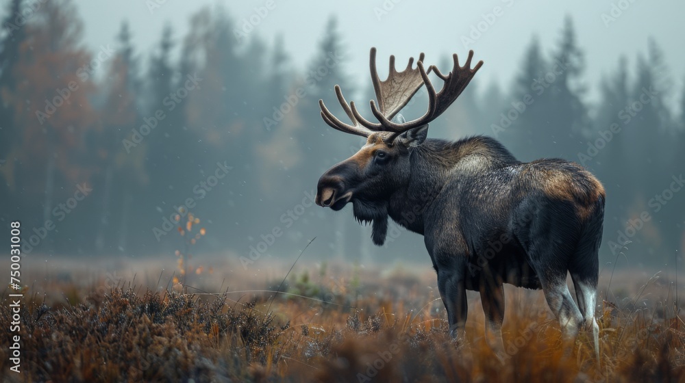 Moose standing in atmospheric dense fog. Forest Mountain wildlife. Elk. Deer. Moose standing in atmospheric dense fog. Forest Mountain wildlife. Elk. Deer.