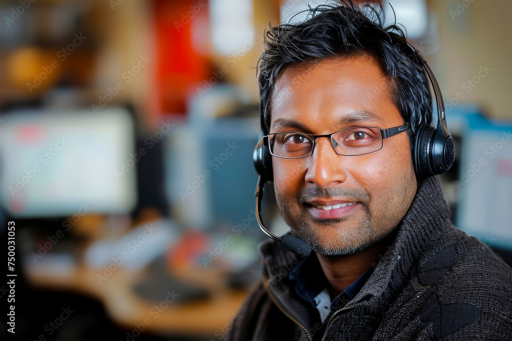 Portrait of a professional call center agent with a headset in a corporate office environment. Portrait of a professional call center agent with a headset in a corporate office environment.