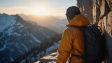 Man with backpack on mountain top watching sunset over scenic landscape