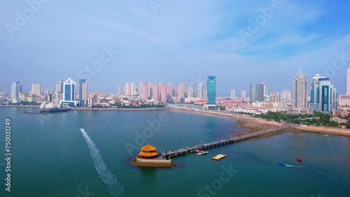 Aerial Photography of the Scenery of Qingdao Zhanqiao Huilan Pavilion and Urban Skyline in Shandong, China photo
