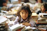 A focused elementary school student immersed in her studie sitting at a cluttered desk filled with colorful textbooks, notepads, and school supplies, surrounded by towering stacks of books and loose p