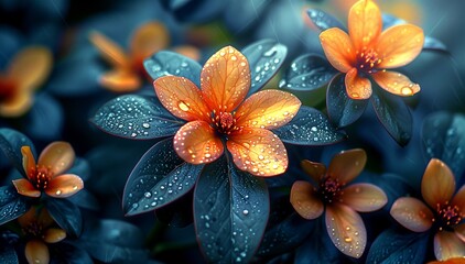 Poster Bloemen Oranje bloem met waterdruppels donkere achtergrond  © Andrey KENO