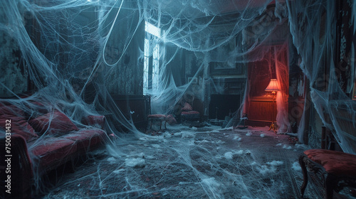Drape your living space in cobwebs, giving it an abandoned, haunted mansion vibe that transports guests to a supernatural dimension for an unforgettable Halloween night. photo