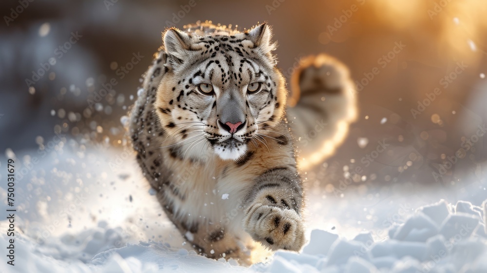 Obraz premium Majestic snow leopard in action, winter mountain range, goldenhour. Big cats. 