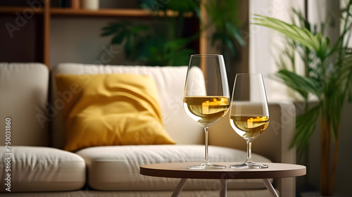 Glass of white wine on sofa with wooden armrest tab