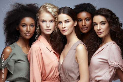 Portrait of group of five beautiful women with natural beauty, glowing smooth skin and beautiful hair