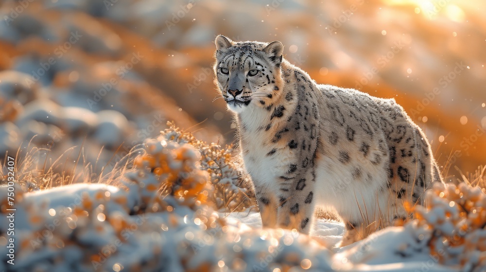 Obraz premium Majestic snow leopard in action, winter mountain range, goldenhour. Big cats. 
