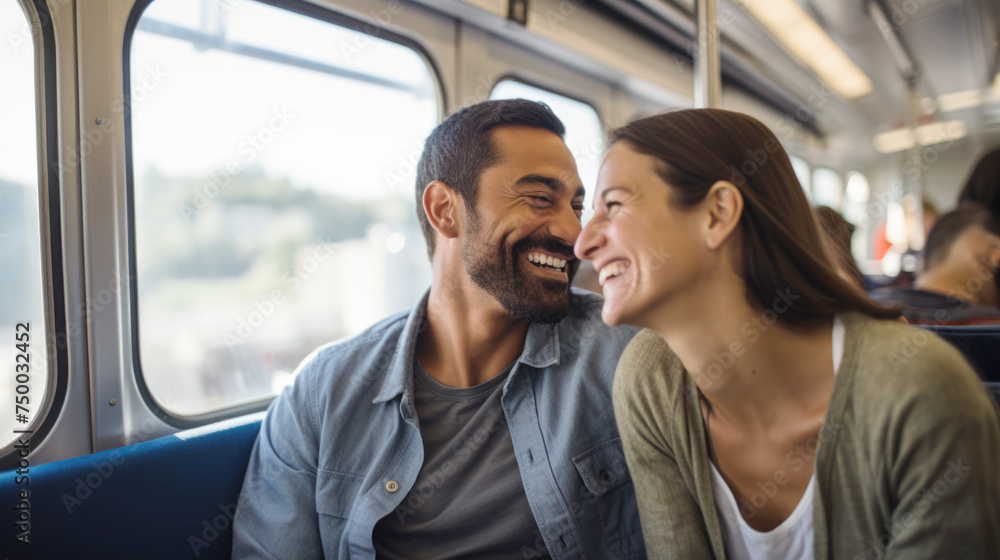 Mixed race middle aged couple travelling by train, responsible travel concept Mixed race middle aged couple travelling by train, responsible travel concept