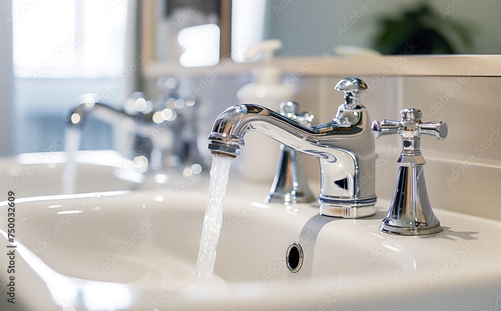 Sustainable use of water resources. Modern bathroom with running faucets, concept of water conservation Sustainable use of water resources. Modern bathroom with running faucets, concept of water conservation