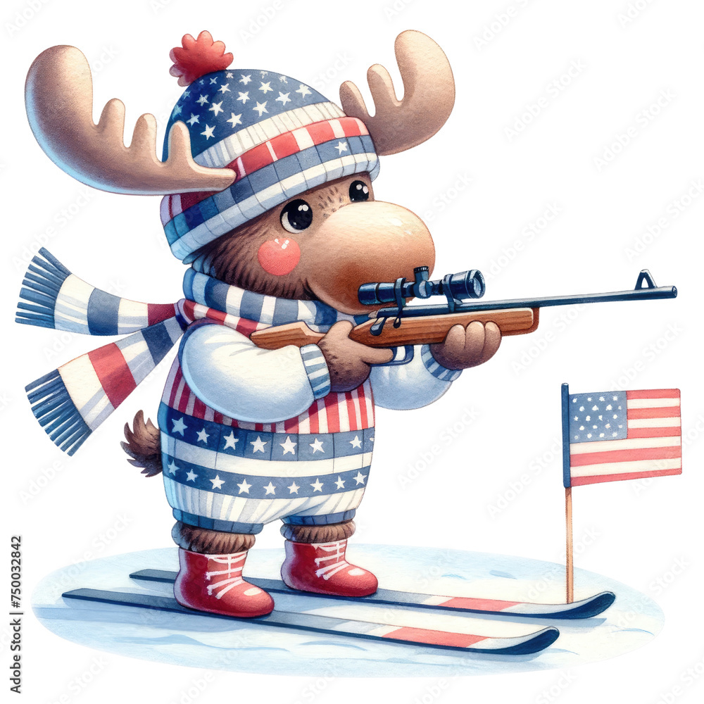 Watercolor Adorable Cartoon Moose Playing Biathlon in Patriotic USA Sports Outfit with Transparent Background Clipart - obrazy, fototapety, plakaty 