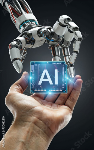 graphic of a robot hand placing a cube with the inscription AI on a human hand #750032810