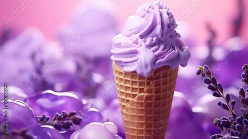 Purple lavender flavor ice cream with floral ingredients, dessert background
