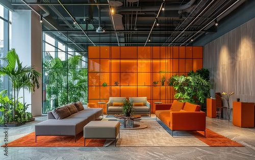 Modern office lounge with orange accents, comfortable seating, and indoor plants.