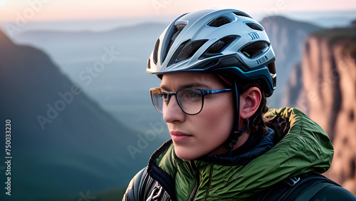 Woman in bicycle helmet and glasses stands in front of mountain © Aleksey