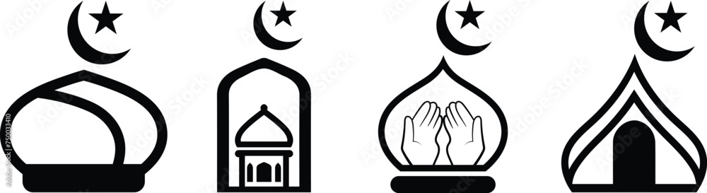  Islam Symbol Sign, vector simple line art style and silhouette, isolated on white background. design of ornaments for the Islamic holidays of Ramadan