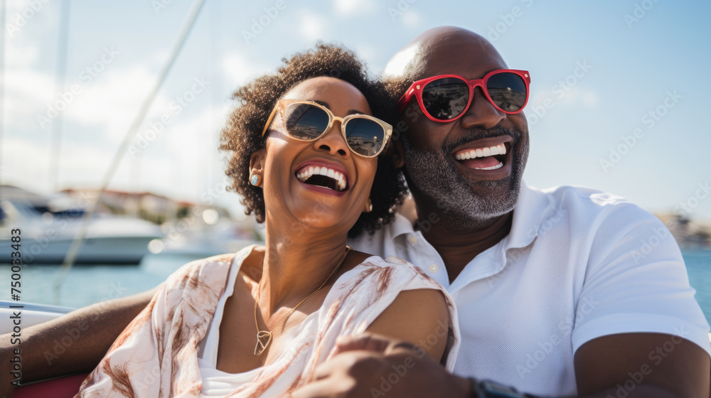 Smiling middle aged black couple enjoying leisure sailboat ride in summer Smiling middle aged black couple enjoying leisure sailboat ride in summer
