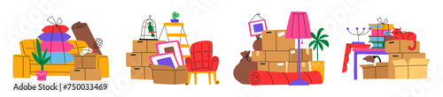 Moving, cardboard boxes with things at home in cartoon retro style. Set of illustrations of moving, transporting things to a new home. Groovy stickers in vector hand drawn