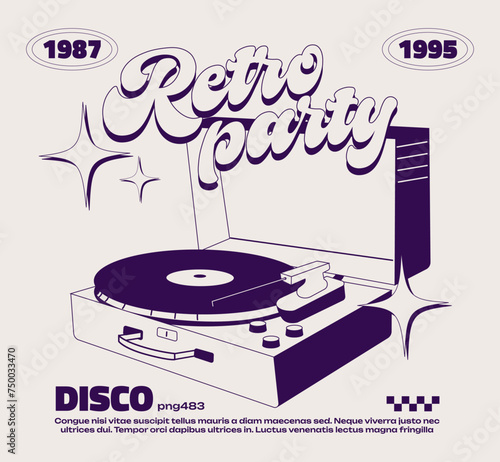 Retro cartoon poster with vinyl player retro 90s. Groovy geometric memphis style, music, party, disco, 80s nostalgia. Hippie vintage banner
