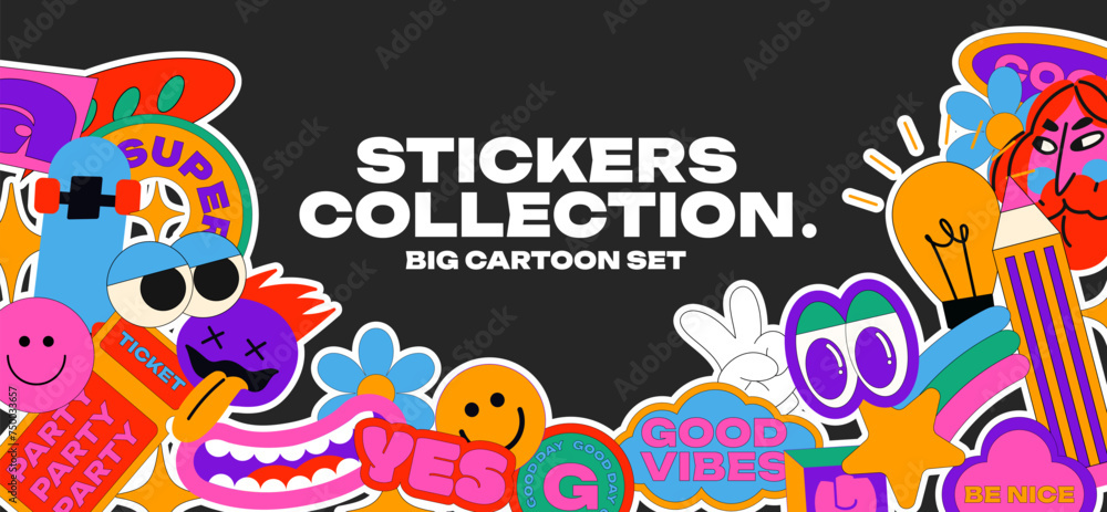 Big set cartoon stickers in 90s retro groovy style. Doodle drawings, characters, elements, shapes. Various patches, labels, tags, stickers, stamps. Vector set, trendy promo labels Big set cartoon stickers in 90s retro groovy style. Doodle drawings, characters, elements, shapes. Various patches, labels, tags, stickers, stamps. Vector set, trendy promo labels