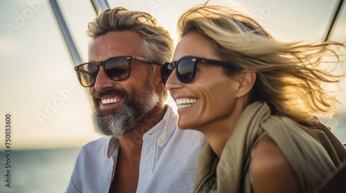 Smiling caucasian middle age couple enjoying leisure sailboat ride in summer © dvoevnore