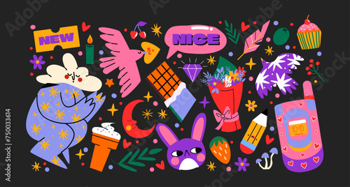 Cartoon doodle groovy stickers set. 90s cute design. sweets, flowers, gadgets, characters, birds. Retro hippie acid set. Trendy patches, labels, tags, stickers, stamps