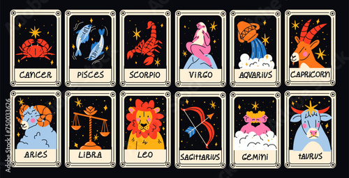 Astrological Cards of constellations and zodiac signs, star horoscopes in cartoon style. Cancer, Pisces, Scorpio, Virgo, Aquarius, Capricorn, Taurus, Libra, Leo, Sagittarius, Gemini, Aries. Magic card