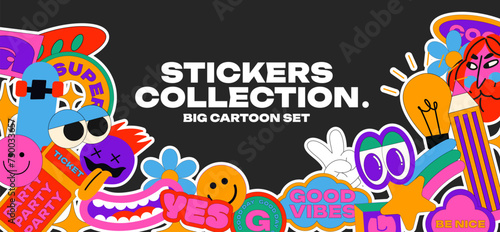 Big set cartoon stickers in 90s retro groovy style. Doodle drawings, characters, elements, shapes. Various patches, labels, tags, stickers, stamps. Vector set, trendy promo labels