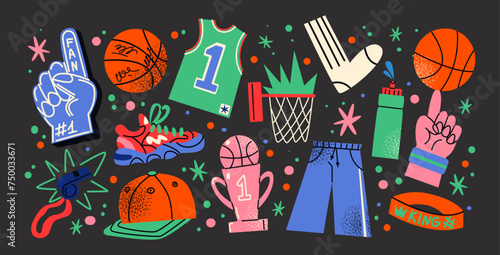 Basketball stickers in cartoon style. Sports objects, sneakers, ball, basket, sports equipment. Vector retro set