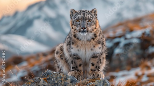 Majestic snow leopard in action, winter mountain range, goldenhour. Big cats.  © steve
