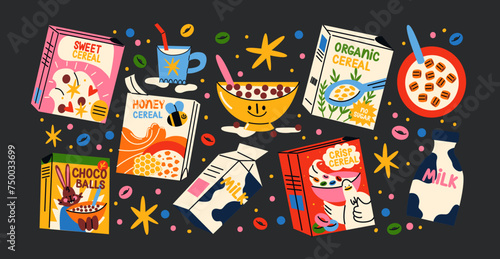 Cereal corn flakes, cartoon style breakfast set. Boxes of crunchy crispy muesli, oatmeal, porridge. Doodle healthy baby food stickers