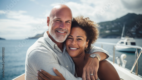 Smiling middle aged mixed race couple enjoying sailboat ride on summer day