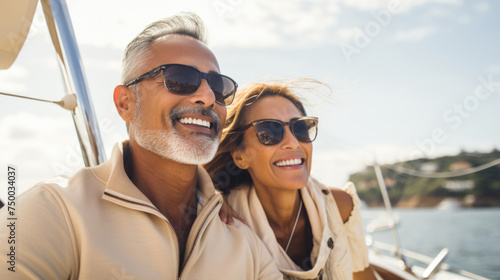 Smiling middle aged mixed race couple enjoying sailboat ride on summer day © dvoevnore