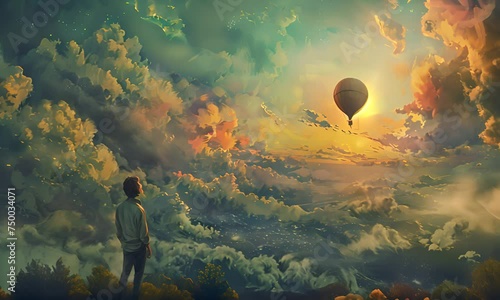 Man looking at a hot air balloon in a cloudy sky. The concept of dreaminess and freedom. photo