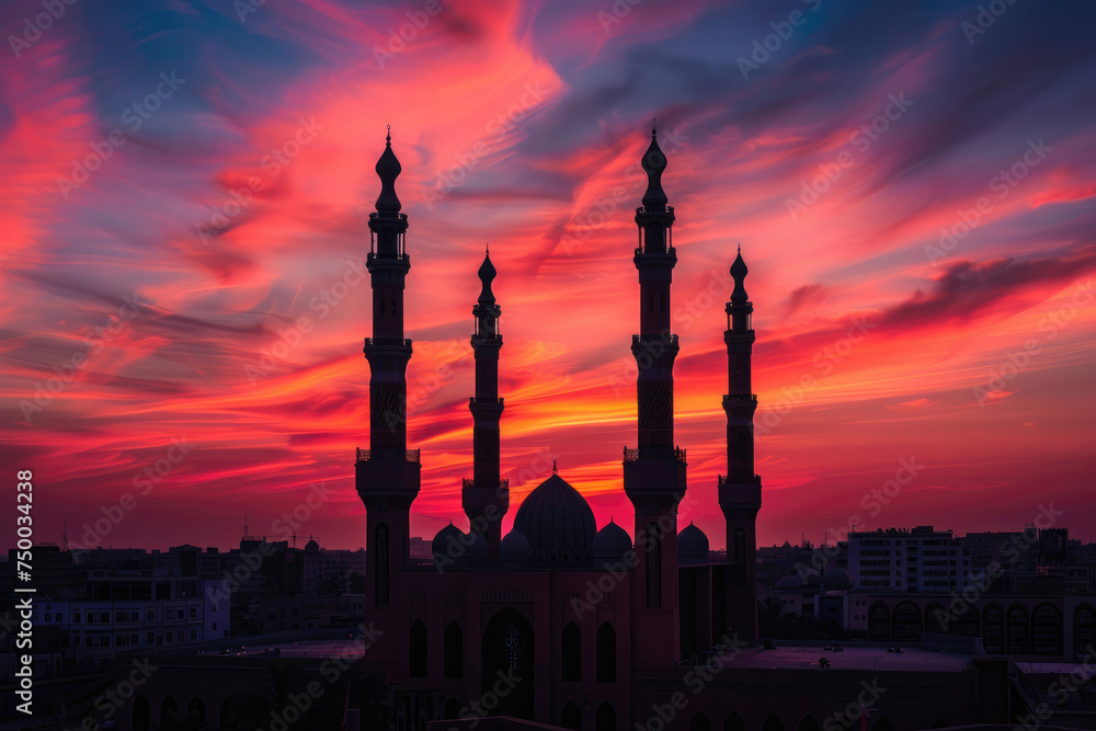 Majestic Sunset Behind Mosque Minarets in Tranquil Evening.