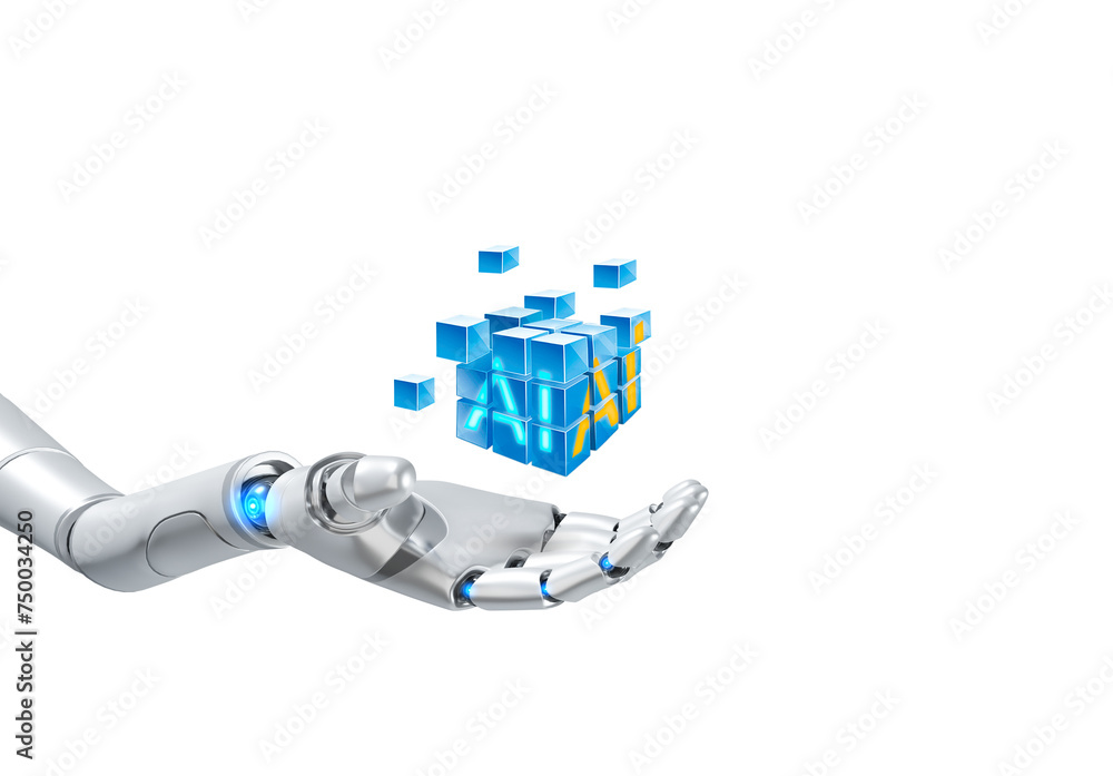 Robot hand holding many little cube blocks that are merging into cubic shape with artificial Intelligence symbol isolated on transparent background, 3D rendering illustrations Robot hand holding many little cube blocks that are merging into cubic shape with artificial Intelligence symbol isolated on transparent background, 3D rendering illustrations