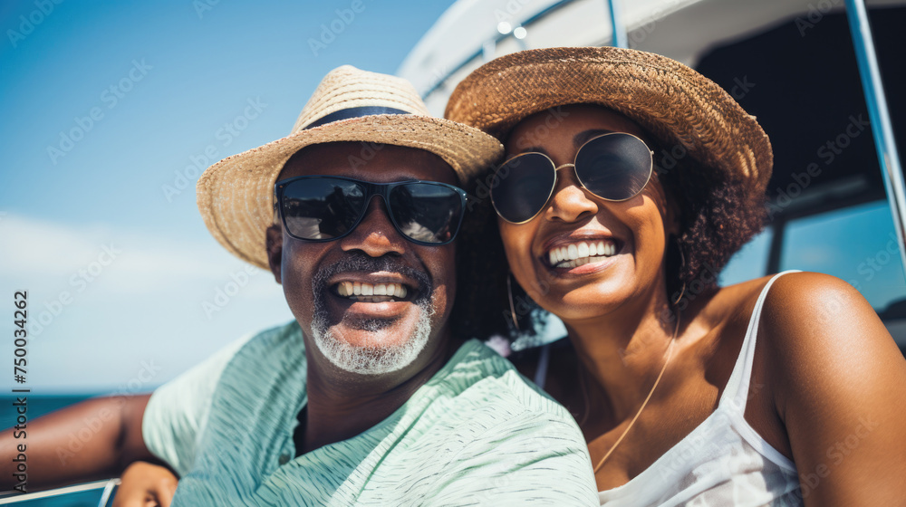 Smiling mature black couple enjoying leisure sailboat ride in summer