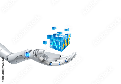 Robot hand holding many little cube blocks that are merging into cubic shape with artificial Intelligence symbol isolated on transparent background, 3D rendering illustrations