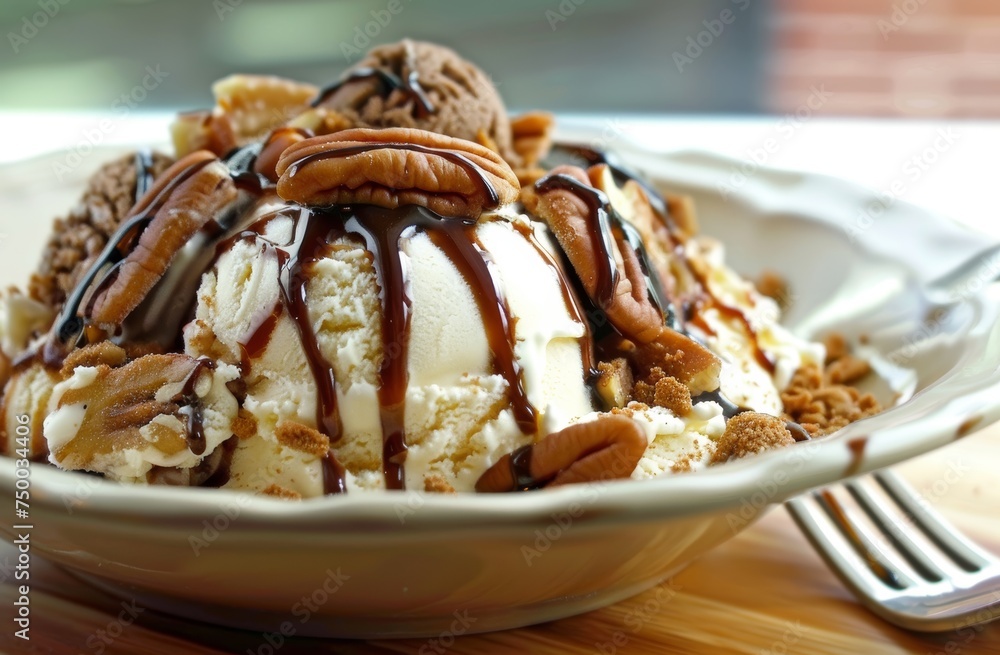 A bowl of ice cream with nuts and chocolate sauce A bowl of ice cream with nuts and chocolate sauce