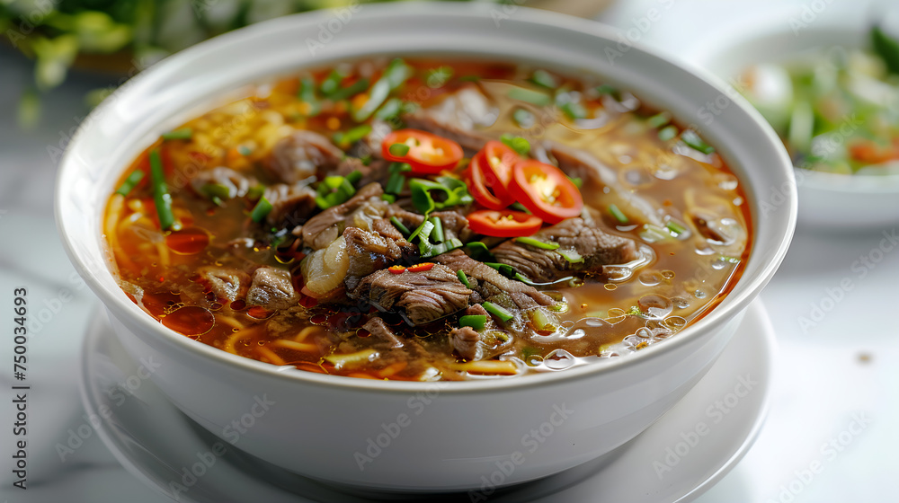 Appetizing beef pho in ceramic bowl Appetizing beef pho in ceramic bowl