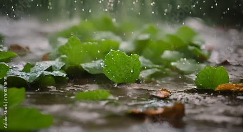 foglie umide sotto la pioggia che sfiorano l'acqua , sensazione di relax, primavera e natura, temporali sulle piante, pace e serenità	 photo