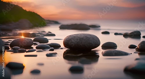 concetto di consapevolezza e relax, pietra levigata in mezzo ad acque calme al tramonto,  pace e serenità zen photo