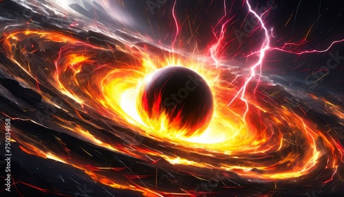 Spherical superheated black hole surrounded by fiery accretion disk and red lightnings photo