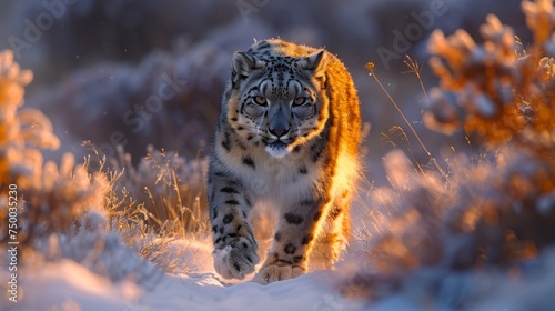 Majestic snow leopard in winter mountain range during goldenhour. Big cats. 