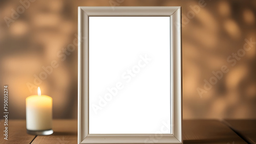 Beautiful photo frames with a candle and flower on a table