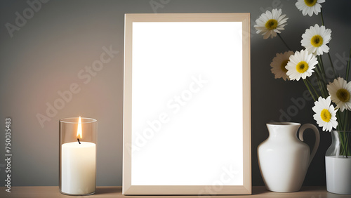 photo frames on cozy background for pictures with a candle and flower on a table