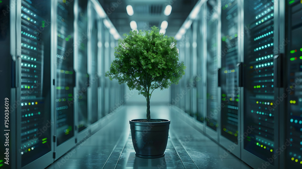green digital technology, save and renewable energy, trends in energy use that give importance to care and conservation of the environment, clean energy in data center - obrazy, fototapety, plakaty 