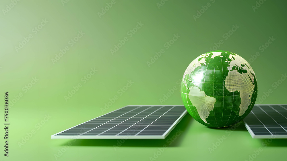 The green globe and solar roof or panel represents green energy and ...